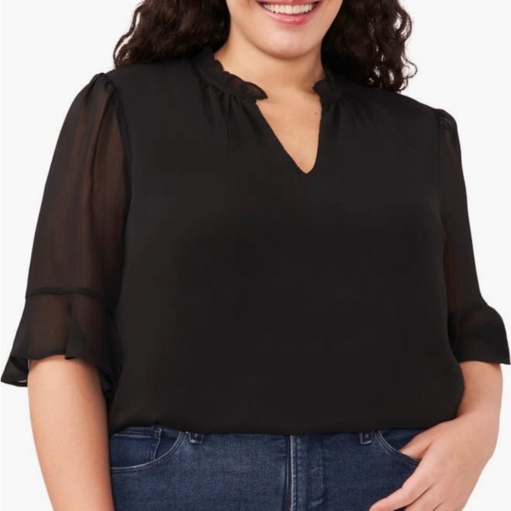 CeCe Black Sheer Ruffle Sleeve Blouse